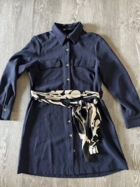 NWOT Zara Navy Shirt Dress Black and Cream Belt Women's M